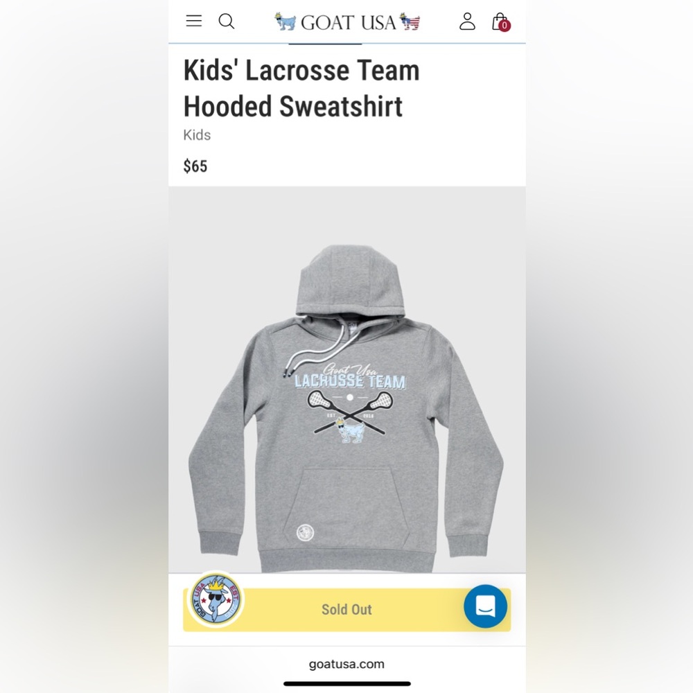 GOAT USA Kids' Gray Lacrosse Team Hooded Sweatshirt, NWOT, youth XL, sold out!